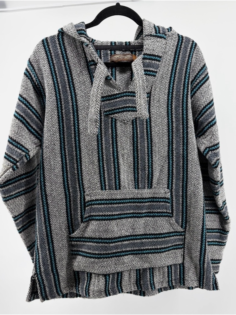 Retro Fit Men Handwoven Long Sleeve Baja Hooded Poncho Striped Pullover Sz 1 (L)